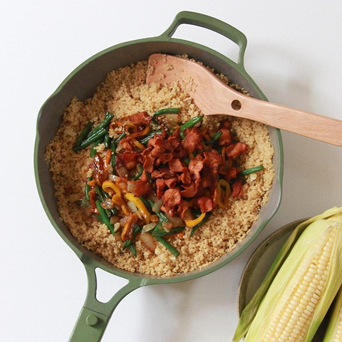 Green pan with dinner